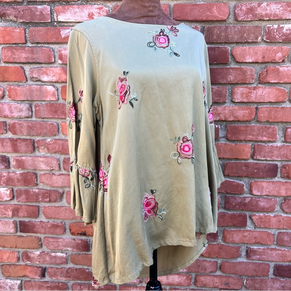 John Mark Olive Tunic with Pink Floral Embroidery